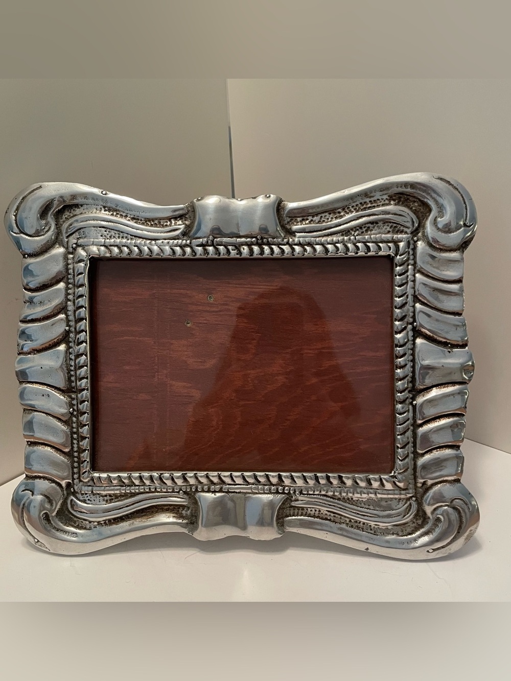 Mexican Pewter Photo Frame With Wood Easel Back Holds 5x7 Photo